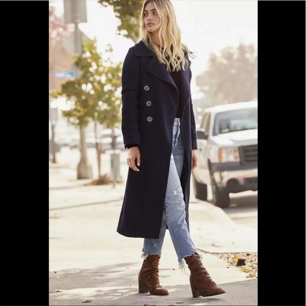 Free People Navy Textured Long Trench Coat - Picture 9 of 13